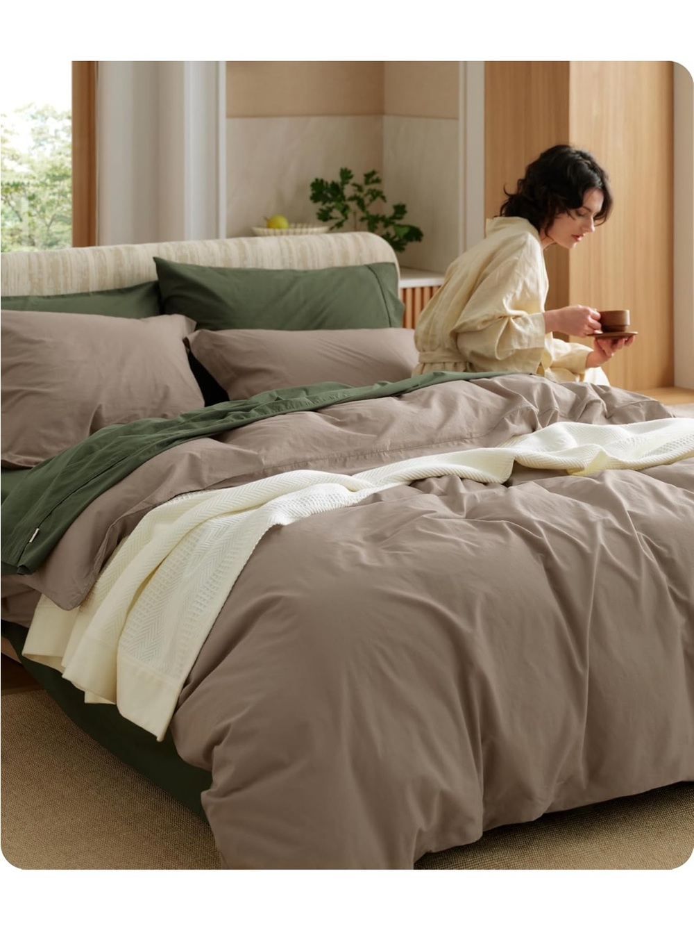 NEW Bedsure 100% Washed Cotton Duvet Cover Oversized King- Lt Brown Minimalistic
